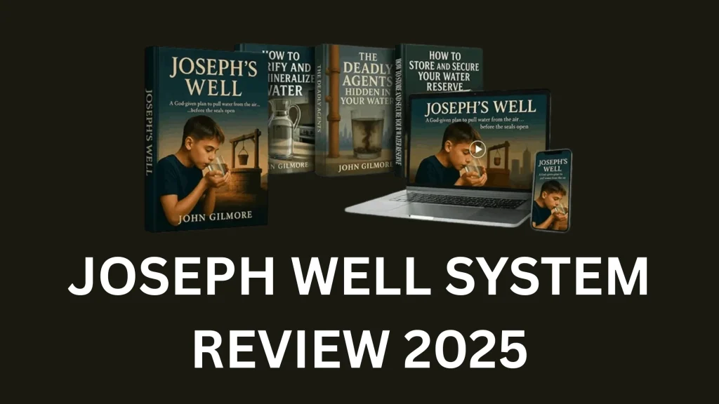 Joseph Well System product bundle showing books, laptop, and smartphone with guide on building a DIY water generator for sustainable living and emergency preparedness.