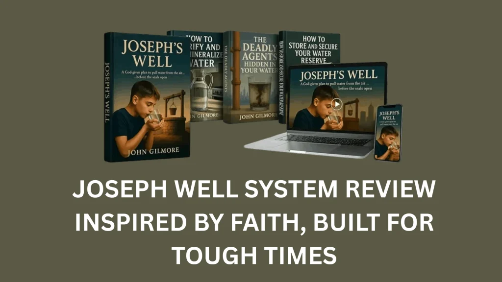 Joseph Well System Review product bundle including digital guides, video tutorial on laptop, and mobile access – A DIY faith-inspired water solution for emergencies and sustainable living.